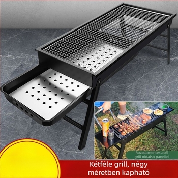 Kültéri faszenes grill szett rozsdamentes acélból, összecsukható grillrács és nyársak, otthoni használatra