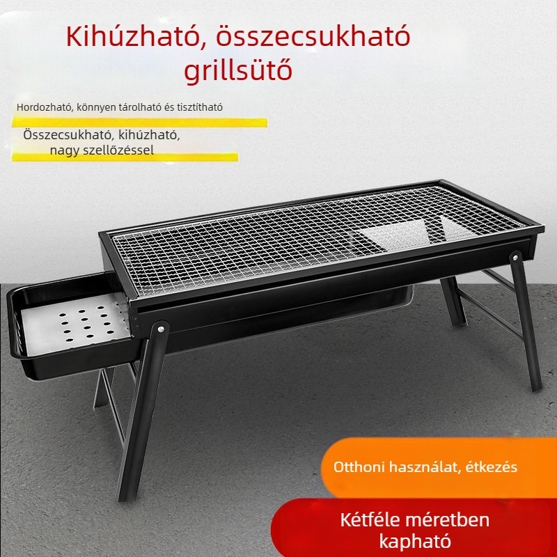 Kültéri faszenes grill szett rozsdamentes acélból, összecsukható grillrács és nyársak, otthoni használatra