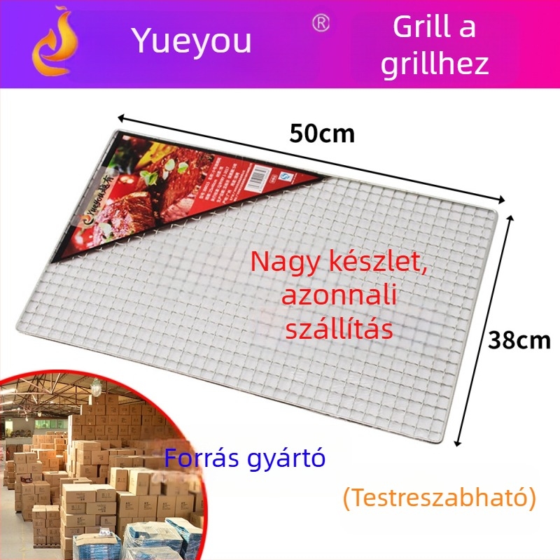 Kültéri grillháló, magas hőmérsékletnek ellenálló, hullámos mintázat, négyszögletes alak, vasból, hordozható