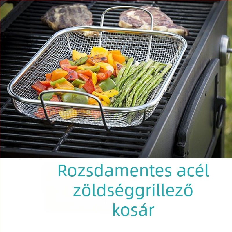 Nagy rozsdamentes acél grillkosár 201, leeresztő kosár zöldségekhez és gyümölcsökhöz, dupla fogantyúval, tároláshoz