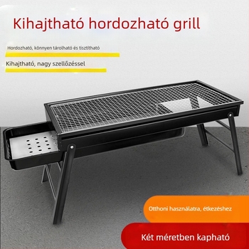 Kültéri faszenes grillszett rozsdamentes acélból, összecsukható grillrács nyársakhoz