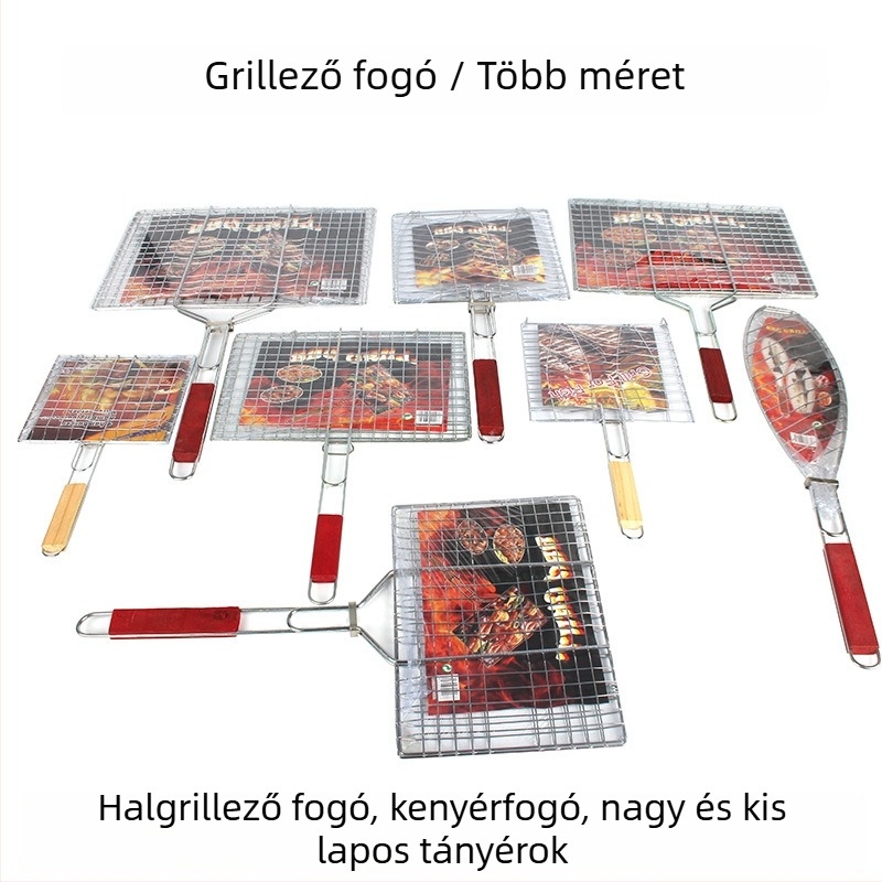 Négyzet alakú grillháló halszegyekkel, egy- és kettős halszeggel, hordozható grillszerszám