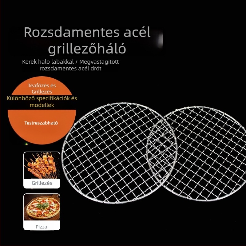 Rozsdamentes acél 304, kerek grillszita teázáshoz, megvastagodott rács, megerősített barbecue-háló, füstölő háló