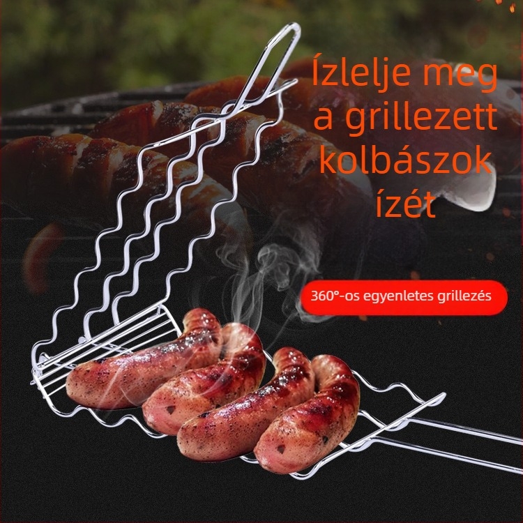 Rozsdamentes acél kolbász grillháló, hordozható barbecue ráccsal