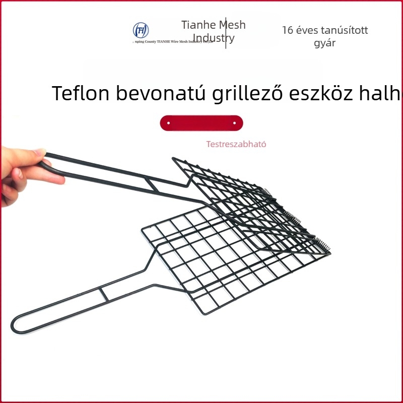 Teflon bevonatú, vastagított grillcsipesz hal grillezéséhez, rozsdamentes acélból, kereskedelmi felhasználásra