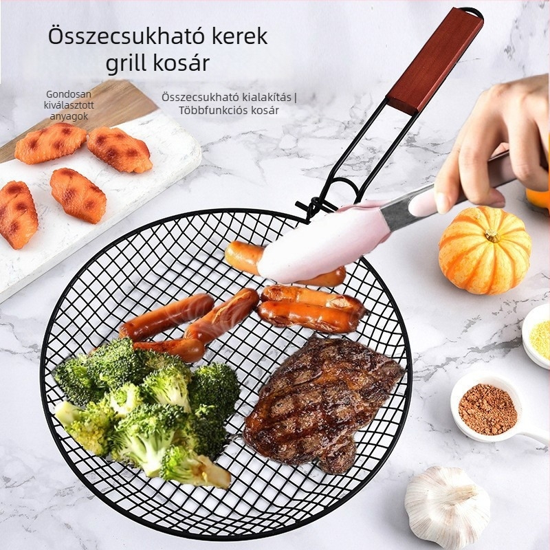 Összecsukható, kerek rozsdamentes acél grillkosár fából készült fogantyúval, zöldségek grillsítéséhez és sütéséhez