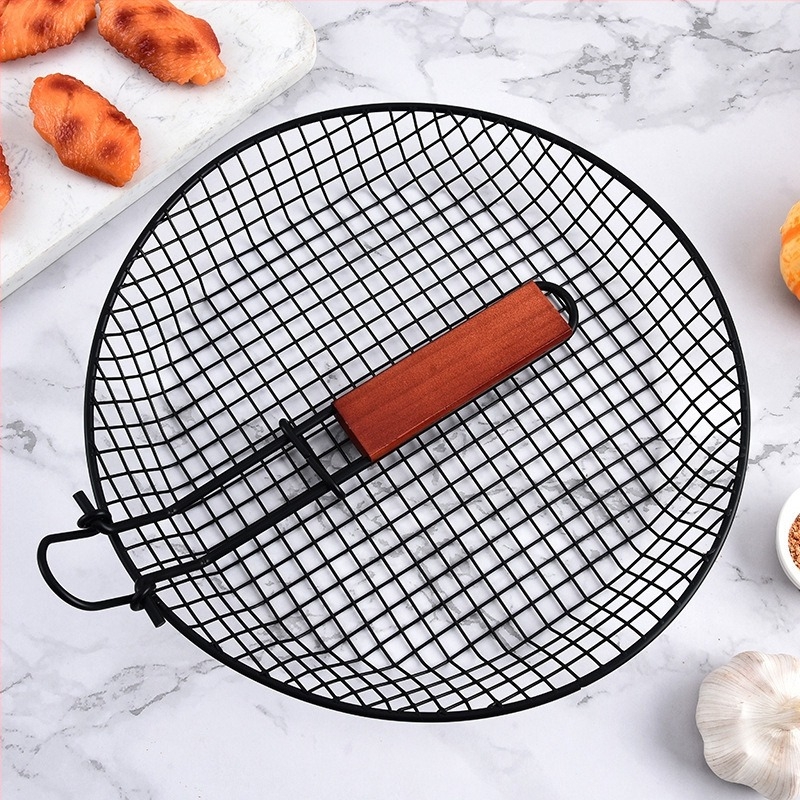Összecsukható, kerek rozsdamentes acél grillkosár fából készült fogantyúval, zöldségek grillsítéséhez és sütéséhez