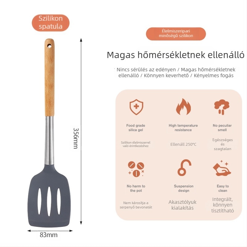 Magas hőmérsékletnek ellenálló szilikon spatula készlet tapadásmentes serpenyőkhöz – fa nyeletű kanál és konyhai eszközök