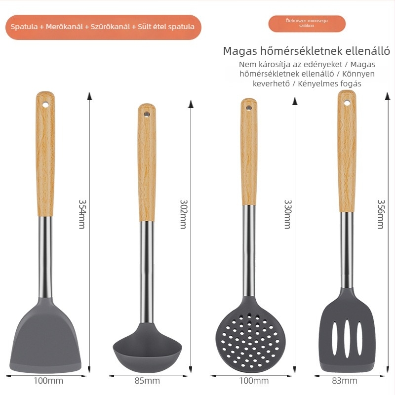 Magas hőmérsékletnek ellenálló szilikon spatula készlet tapadásmentes serpenyőkhöz – fa nyeletű kanál és konyhai eszközök