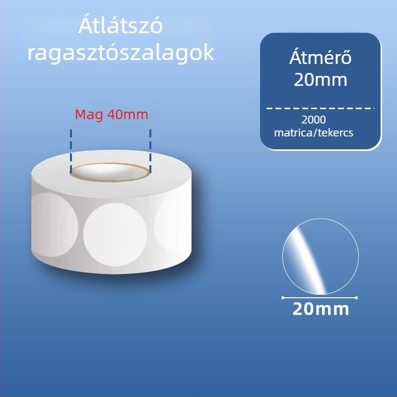 Átlátszó kör alakú PVC öntapadós címkék, vízállóak, könnyen leválaszthatóak és újra felhasználhatóak, külső csomagoláshoz és vonalkódokhoz, 20 mm vagy 25 mm, tekercsen 500 címke.