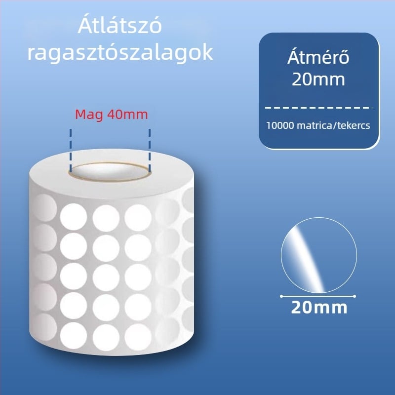 Átlátszó kör alakú PVC öntapadós címkék, vízállóak, könnyen leválaszthatóak és újra felhasználhatóak, külső csomagoláshoz és vonalkódokhoz, 20 mm vagy 25 mm, tekercsen 500 címke.