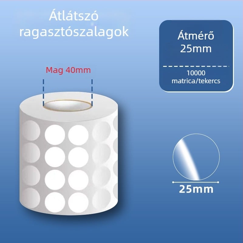 Átlátszó kör alakú PVC öntapadós címkék, vízállóak, könnyen leválaszthatóak és újra felhasználhatóak, külső csomagoláshoz és vonalkódokhoz, 20 mm vagy 25 mm, tekercsen 500 címke.