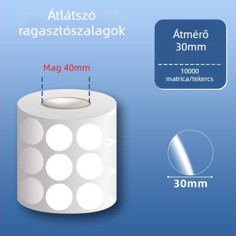 Átlátszó kör alakú PVC öntapadós címkék, vízállóak, könnyen leválaszthatóak és újra felhasználhatóak, külső csomagoláshoz és vonalkódokhoz, 20 mm vagy 25 mm, tekercsen 500 címke.
