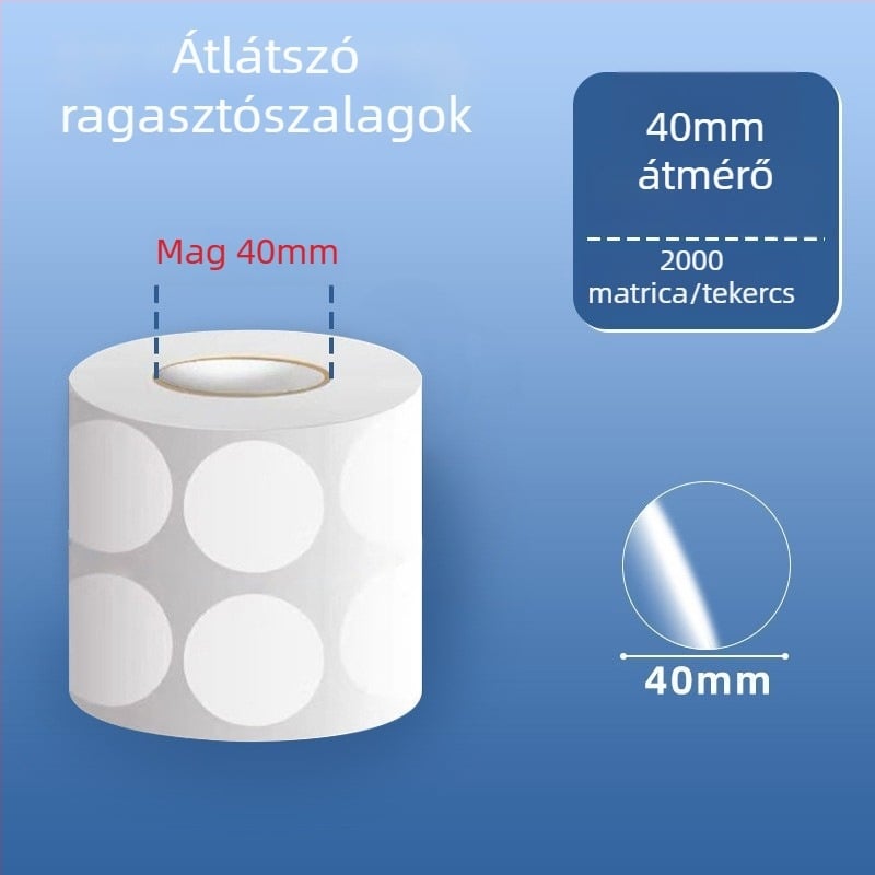 Átlátszó kör alakú PVC öntapadós címkék, vízállóak, könnyen leválaszthatóak és újra felhasználhatóak, külső csomagoláshoz és vonalkódokhoz, 20 mm vagy 25 mm, tekercsen 500 címke.