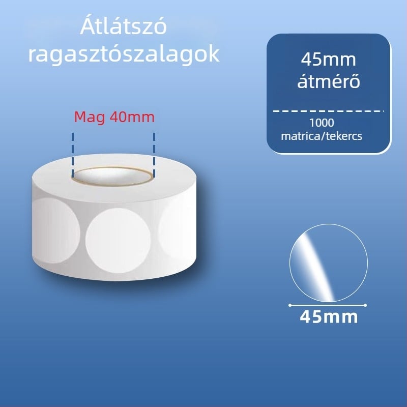 Átlátszó kör alakú PVC öntapadós címkék, vízállóak, könnyen leválaszthatóak és újra felhasználhatóak, külső csomagoláshoz és vonalkódokhoz, 20 mm vagy 25 mm, tekercsen 500 címke.
