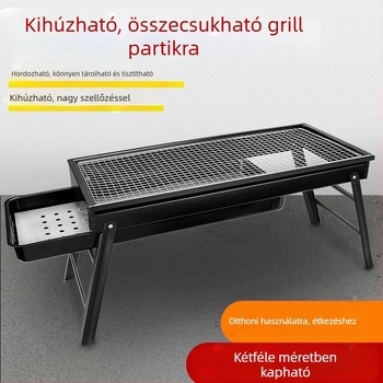 Kültéri szénnel működő grillsütő háztartási használatra, rozsdamentes acélból, összecsukható grillrács és nyárs készlet