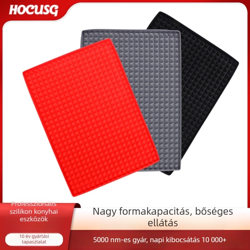 Szilikon piramisszerű grillmat olajleeresztővel, sokoldalú konyhai sütő-mikrohullámú tál, téglalap alakú, 39×27.5×1 cm, piros/fekete/szürke