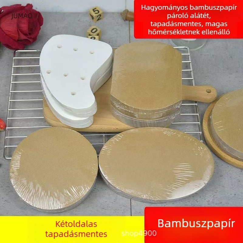 Szilikonolajos bevonat süteménypapír, kerek és ovális, sárga-barnás, tapadásmentes, gőzöléshez és sütéshez.