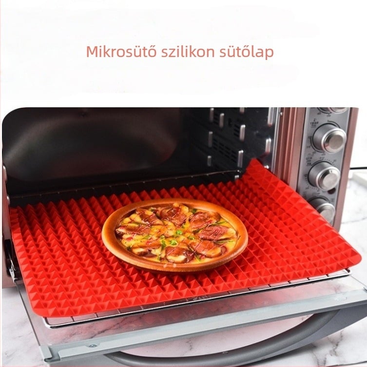 Piros színű, négyzet alakú szilikon sütőmat, élelmiszer-biztonságos, sütőbe, mikrohullámú sütőbe, pizza és grill használatra.