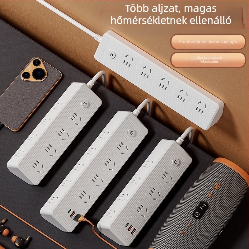 USB-portokkal ellátott többutas hosszabbító, réz vezetőkkel, ferde kialakítású, falra szerelhető