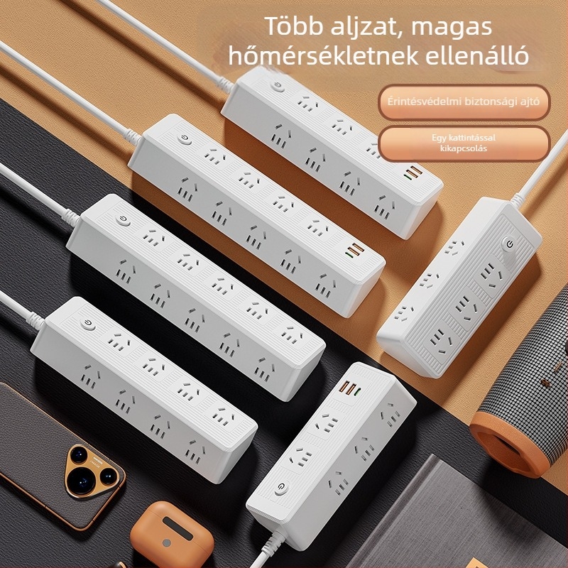 USB-portokkal ellátott többutas hosszabbító, réz vezetőkkel, ferde kialakítású, falra szerelhető