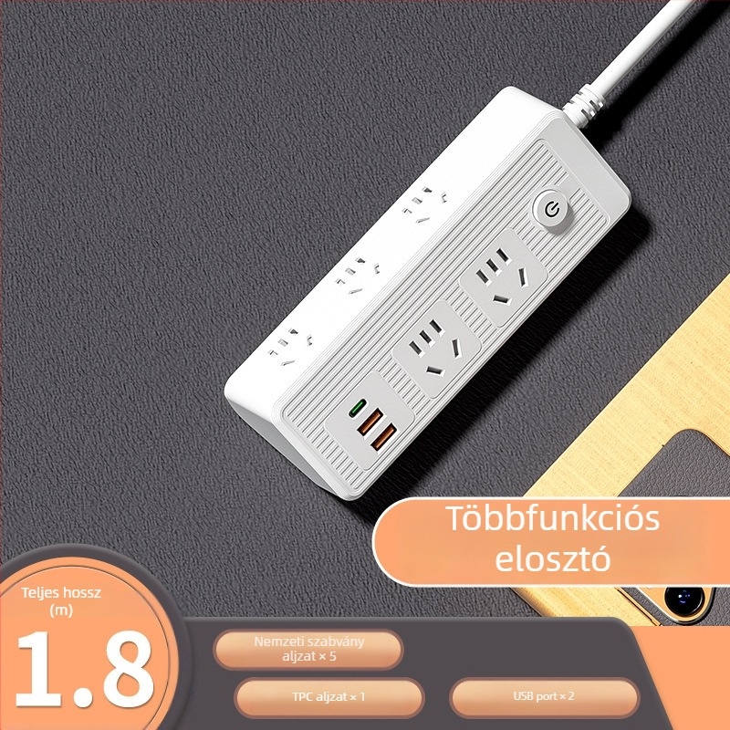 USB-portokkal ellátott többutas hosszabbító, réz vezetőkkel, ferde kialakítású, falra szerelhető