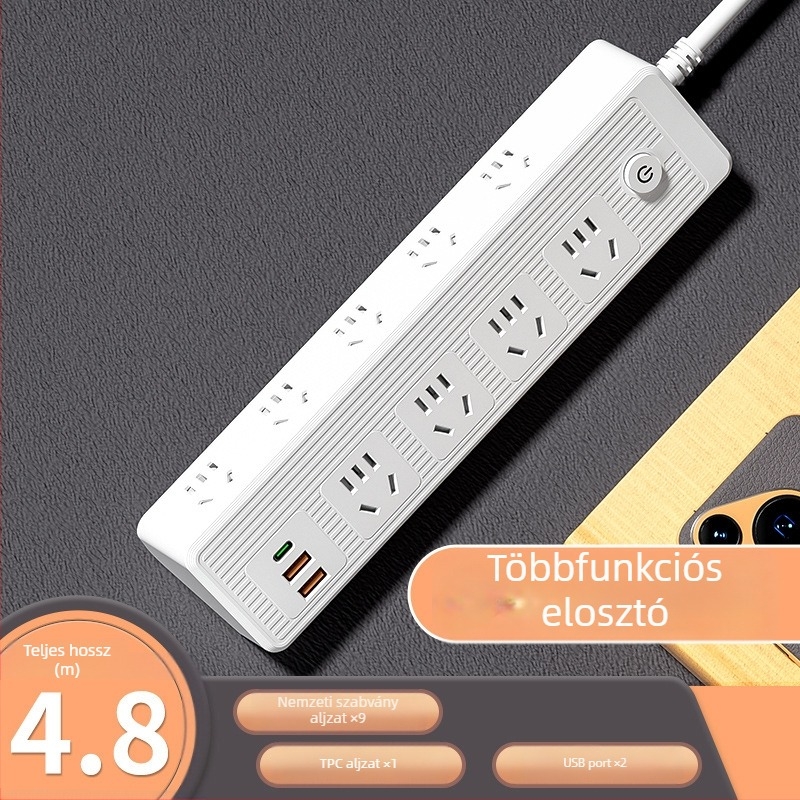 USB-portokkal ellátott többutas hosszabbító, réz vezetőkkel, ferde kialakítású, falra szerelhető