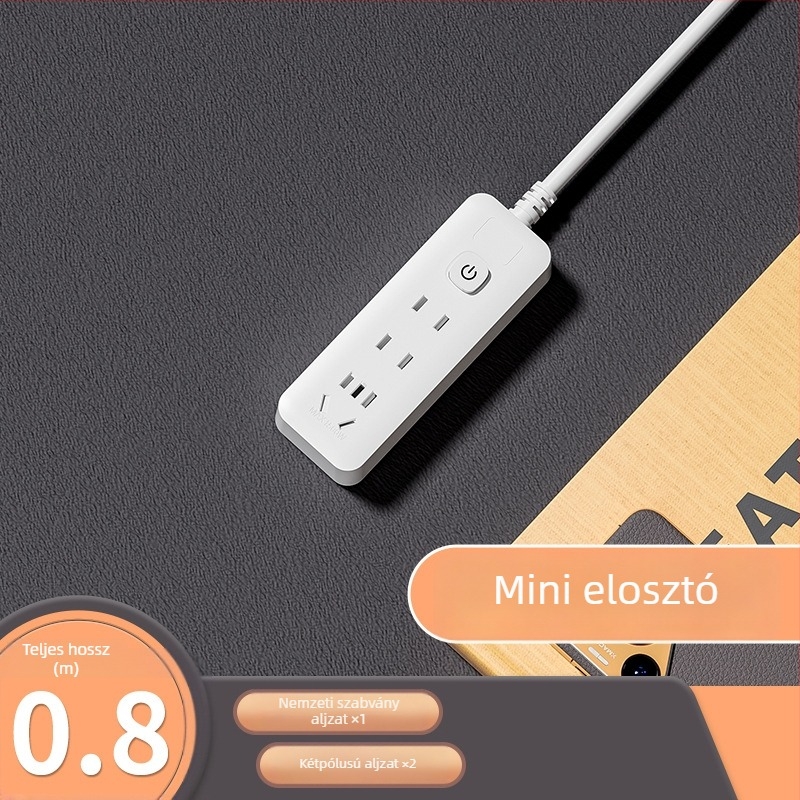 USB-portokkal ellátott többutas hosszabbító, réz vezetőkkel, ferde kialakítású, falra szerelhető