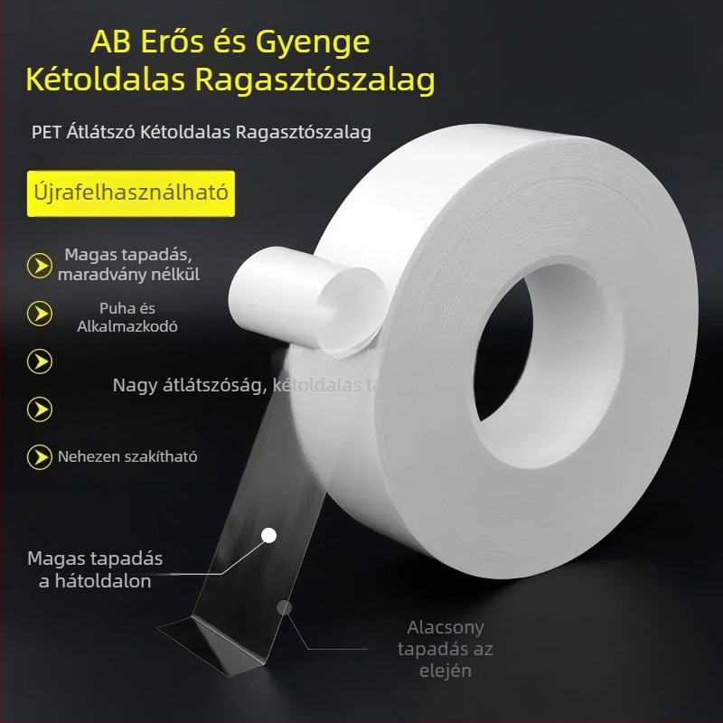 PET AB kétoldalas szalag erős/gyenge tapadással, eltávolítható maradék nélkül, papír, műanyag és elektronika számára