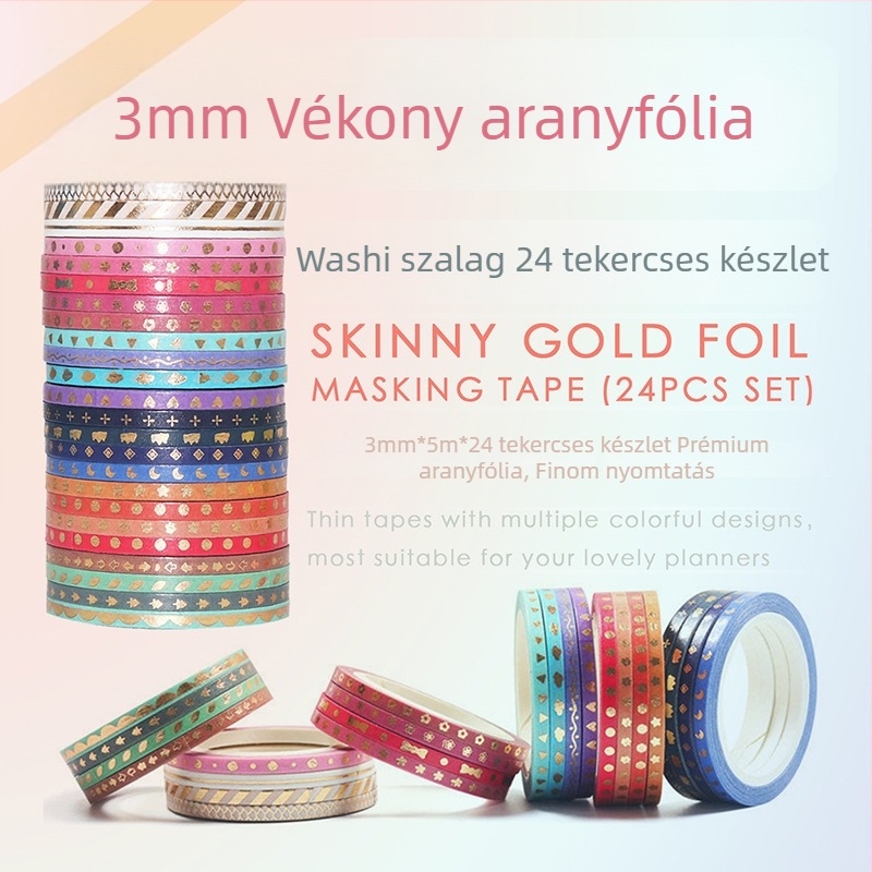 3 mm-es washi szalag, kézzel téphető, vékony vonalú, színes napló-dekoráció japán stílusú művészethez, arany bélyegzés