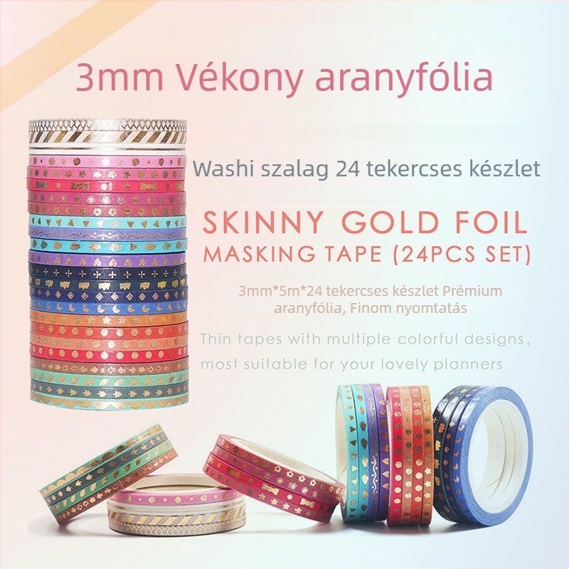 3 mm-es washi szalag, kézzel téphető, vékony vonalú, színes napló-dekoráció japán stílusú művészethez, arany bélyegzés