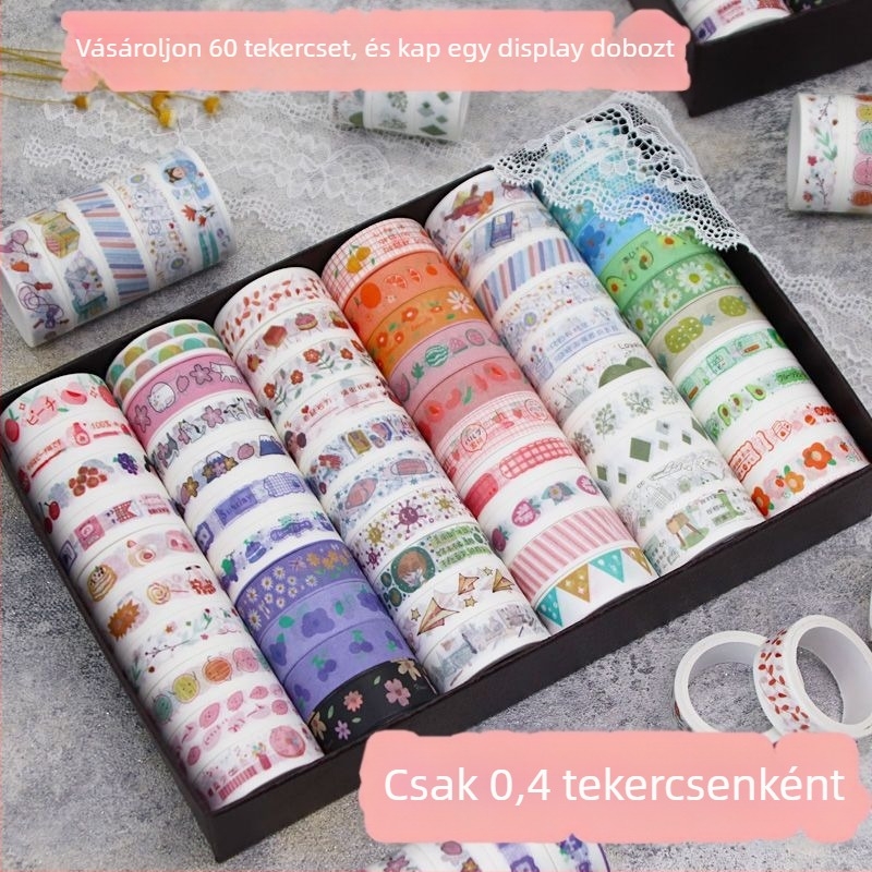 60 tekercs washi szalag készlet, rajzfilm motívumokkal díszített ajándékdoboz, aranyos színek diákoknak