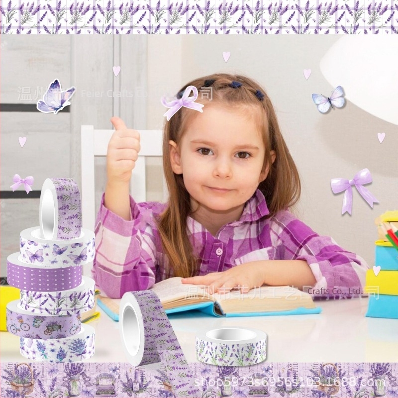 ZH091 Átlátszó levendula‑színű ragasztótekercs és papírszalag DIY naplóhoz, lilás pillangó motívummal