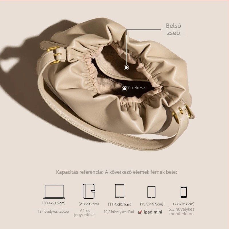 HD Női elsőréteg marhabőr kézitáska — Cloud Bag, közepes méret, városi minimalistus stílus, mágneses zárás