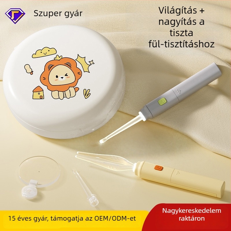 Gyerekeknek szánt világító fülkanál nagyítóval és csipesszel — öt részes készlet vizuális fültisztításhoz