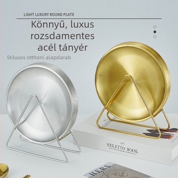 Koreai stílusú arany rozsdamentes acél csonttál tárolóállvánnyal, kerek kávézó tál, élelmiszer-minőségű, könnyű luxus grill tál