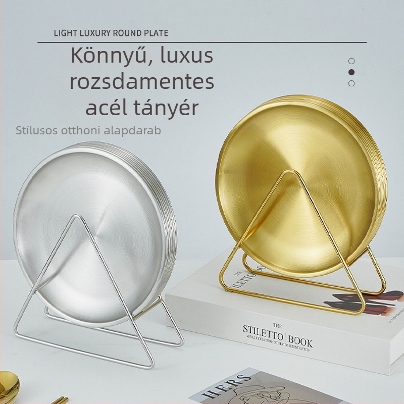 Koreai stílusú arany rozsdamentes acél csonttál tárolóállvánnyal, kerek kávézó tál, élelmiszer-minőségű, könnyű luxus grill tál