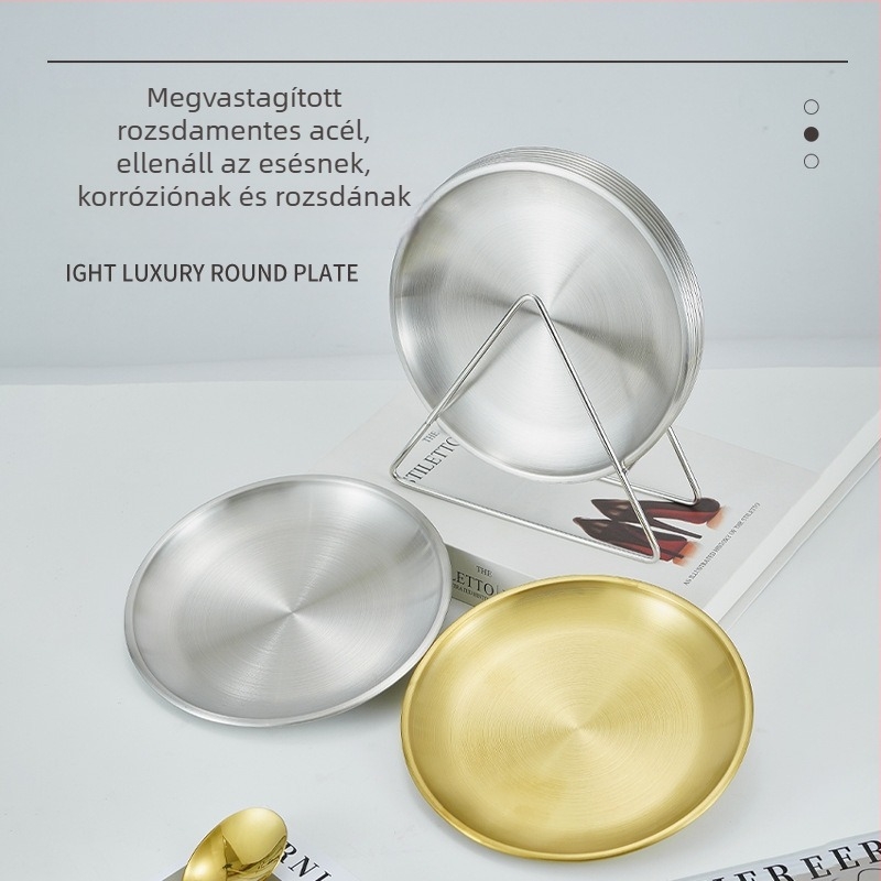 Koreai stílusú arany rozsdamentes acél csonttál tárolóállvánnyal, kerek kávézó tál, élelmiszer-minőségű, könnyű luxus grill tál