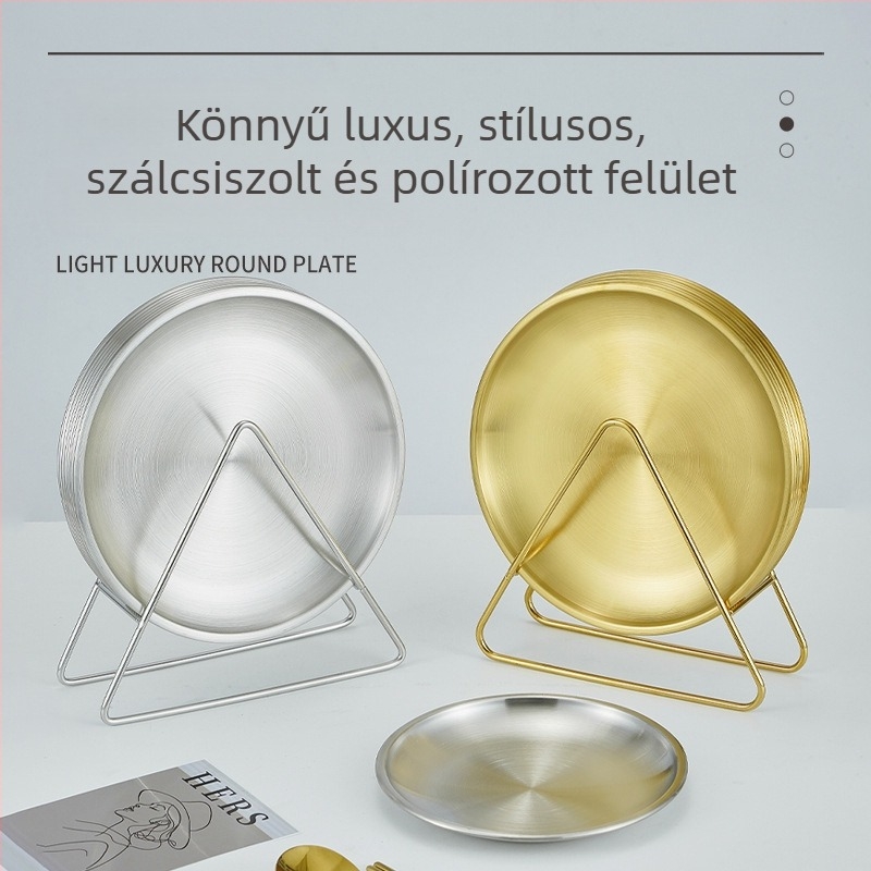 Koreai stílusú arany rozsdamentes acél csonttál tárolóállvánnyal, kerek kávézó tál, élelmiszer-minőségű, könnyű luxus grill tál