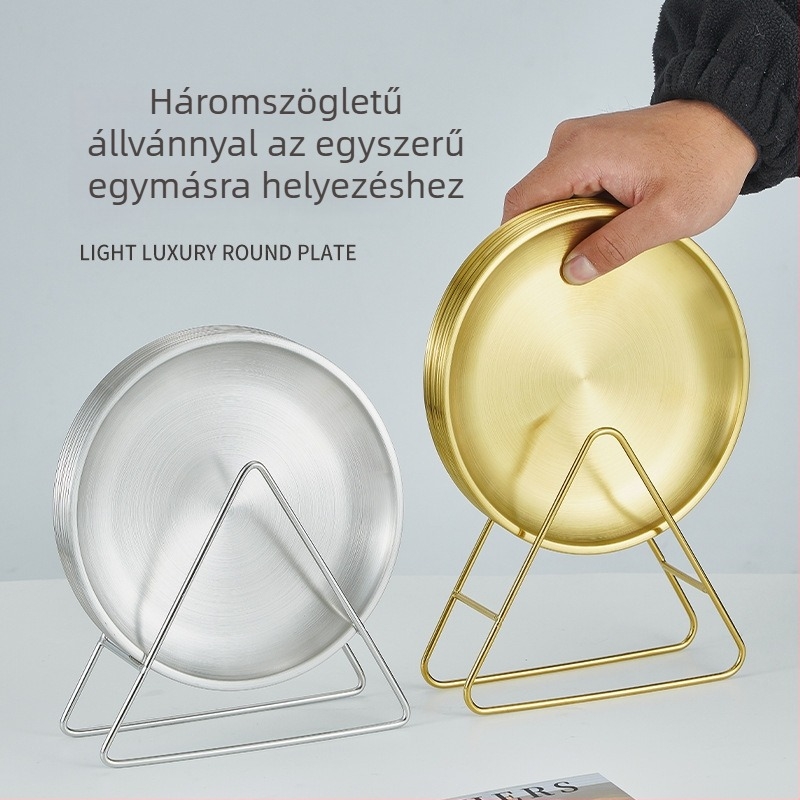 Koreai stílusú arany rozsdamentes acél csonttál tárolóállvánnyal, kerek kávézó tál, élelmiszer-minőségű, könnyű luxus grill tál