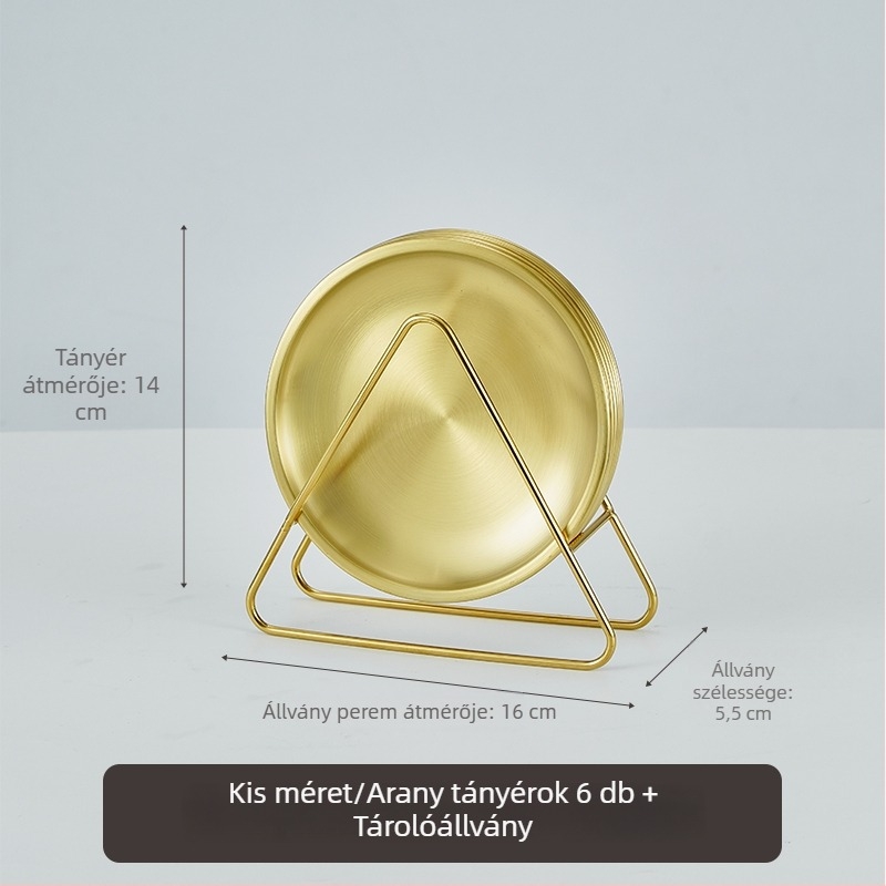 Koreai stílusú arany rozsdamentes acél csonttál tárolóállvánnyal, kerek kávézó tál, élelmiszer-minőségű, könnyű luxus grill tál