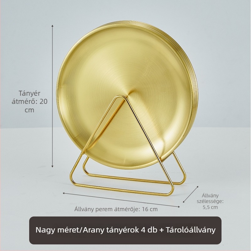Koreai stílusú arany rozsdamentes acél csonttál tárolóállvánnyal, kerek kávézó tál, élelmiszer-minőségű, könnyű luxus grill tál