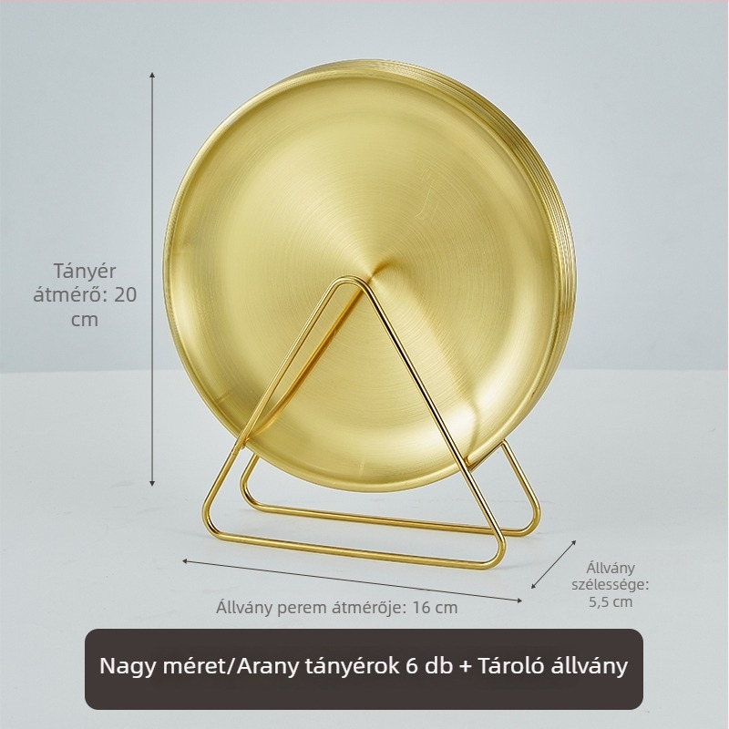 Koreai stílusú arany rozsdamentes acél csonttál tárolóállvánnyal, kerek kávézó tál, élelmiszer-minőségű, könnyű luxus grill tál