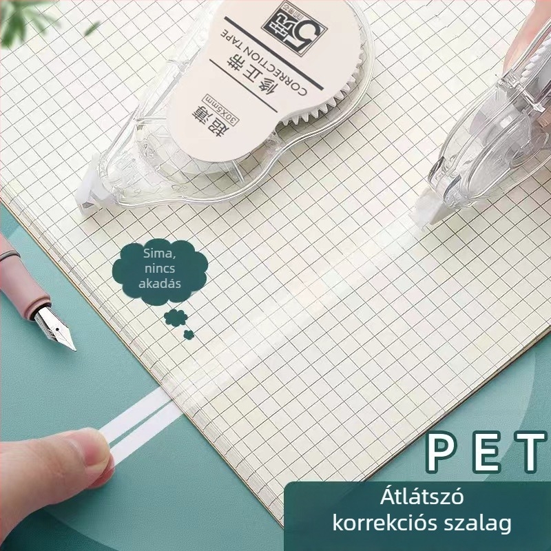 Nagy kapacitású korrektor szalag, átlátszó, csendes nyomógombos, sima és folyamatos, iskolai és irodai használatra