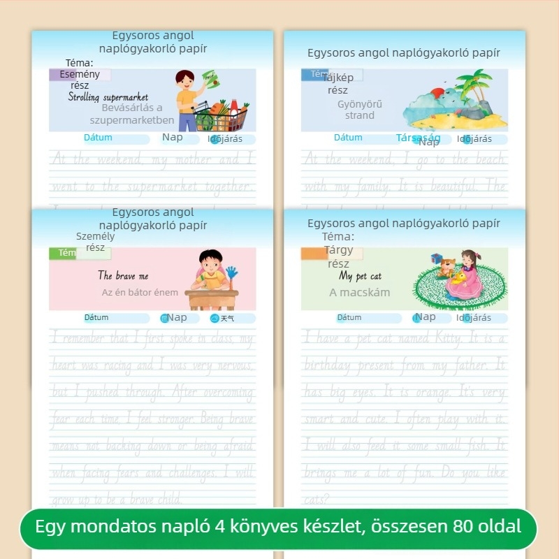Angol nyelvű egy mondatos naplóírás gyakorlófüzet dőlt betűkkel általános iskolások számára
