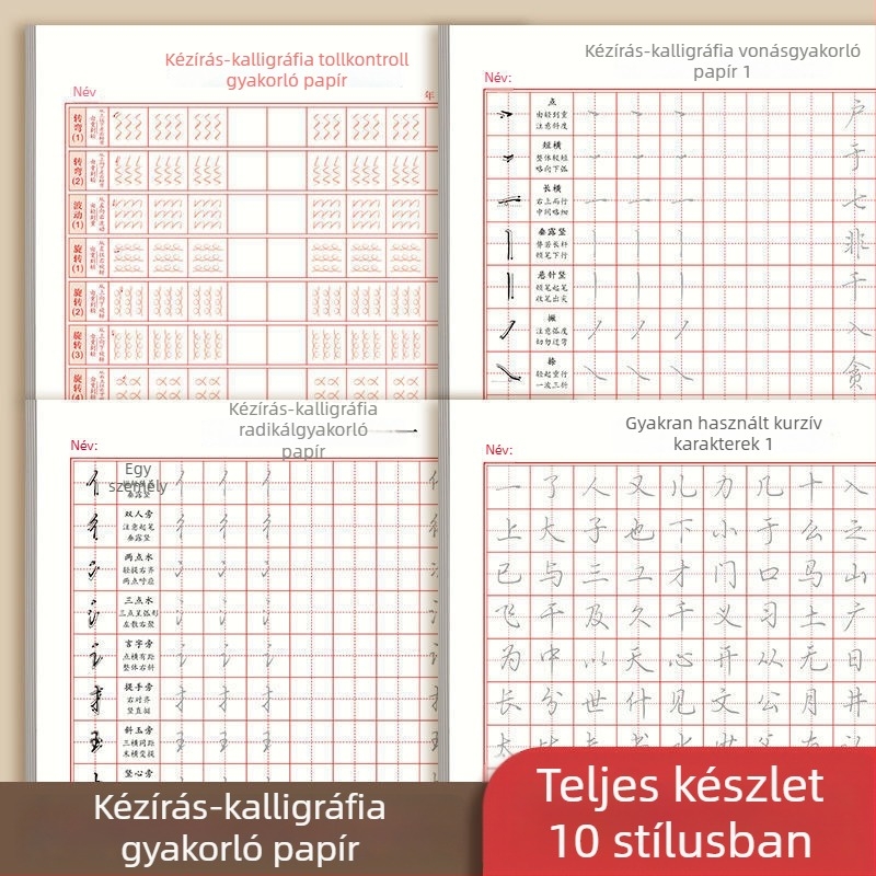 Kalligrafia gyakorlókönyv vonalvezetésre és radikálokra, négyzetrácsos oldalakon, felnőtt kezdőknek futóírás stílusban