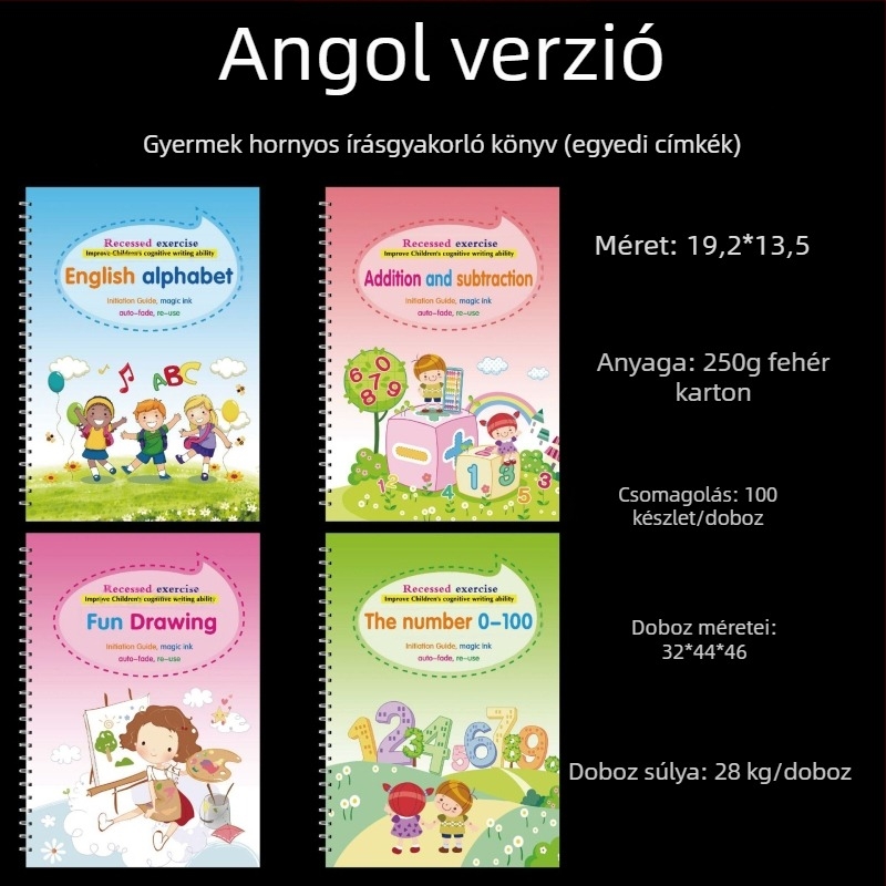 Magiccopybook Gyerekeknek szóló írásgyakorló füzet négyzetrácsos papírral, angol változat, ajándékdoboza