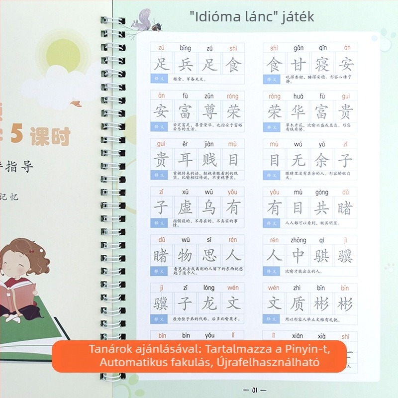 4 kötetes készlet: kínai idiómák Pinyin magyarázattal 1–6. évfolyam számára, és helyesírási gyakorlat szabályos betűtípussal barázdált íráshoz