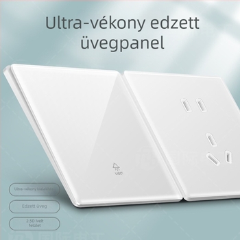 International Electrician krém színű ultra vékony panel kapcsoló- és aljzat, egyhelyes és dupla kapcsoló, edzett üveg tükrös felülettel, 86 mm, öt nyílás