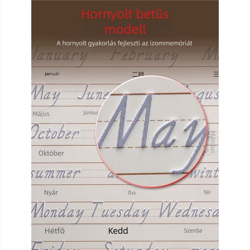 Csatornákkal ellátott írásgyakorló tábla angol betűkkel, olasz dőlt betűtípussal, felnőtteknek és diákoknak